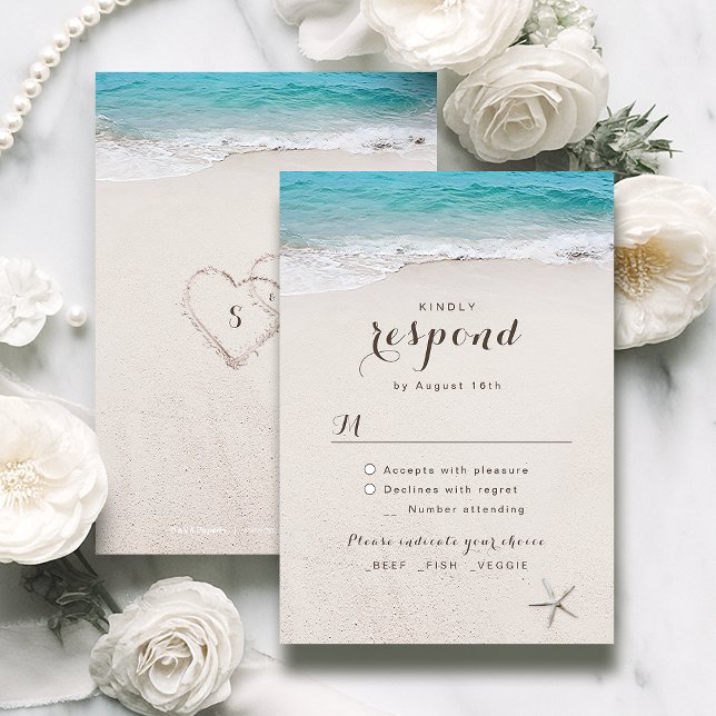 Cartons Réponse Coeurs dans le sable destination mariage plage (Hearts in the sand destination beach wedding RSVP card)