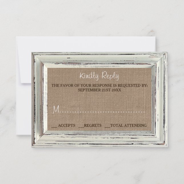 Cartons Réponse Collection de Mariages Rustic White Frame & Burlap (Devant)