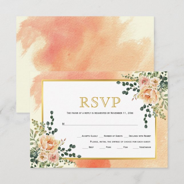 Cartons Réponse Corail pêche aquarelle fleurs mariage floral (Devant / Derrière)