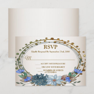 Cartons Réponse Cortège de mariage bleu floral géométrique doré vi