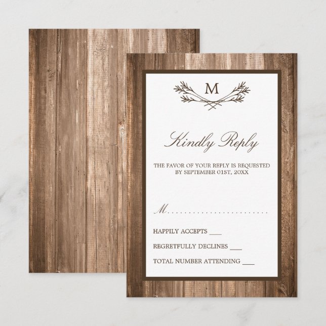 Cartons Réponse Country Rustic Monogram Branche & Mariage bois (Devant / Derrière)