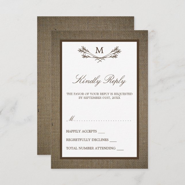 Cartons Réponse Country Rustic Monogramme Branche & Mariage Burlap (Devant / Derrière)
