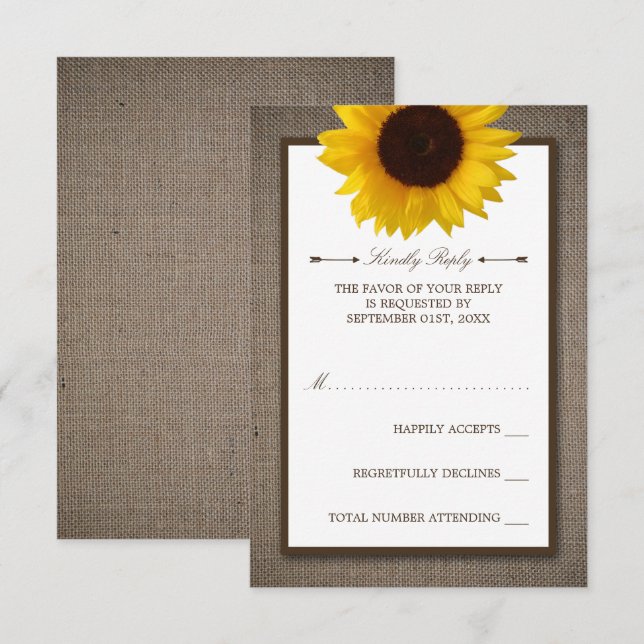 Cartons Réponse Country Rustic Tournesol & Mariage Burlap (Devant / Derrière)