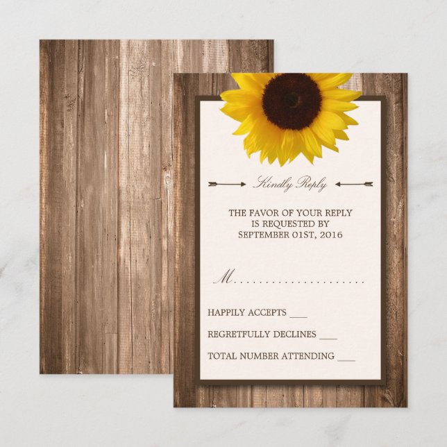 Cartons Réponse Country Tournesol rustique et mariage Brown en boi (Devant / Derrière)