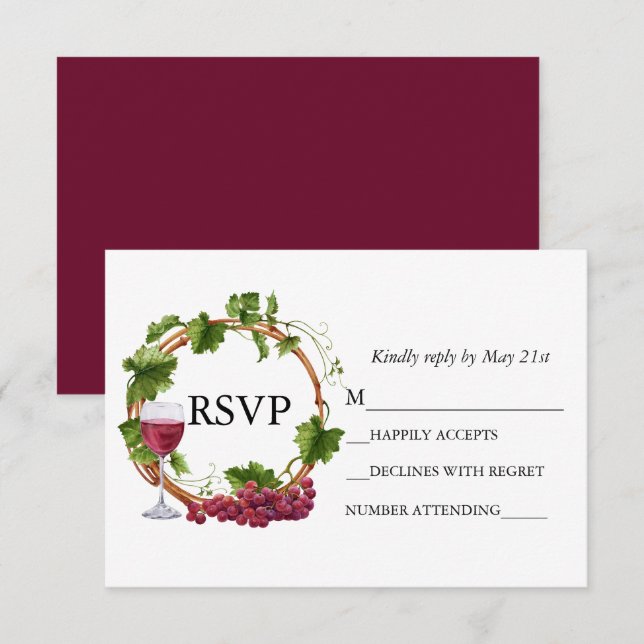 Cartons Réponse Couronne de vignes de mariage aquarelle bordeaux (Devant / Derrière)