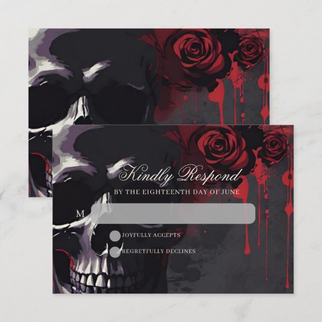 Cartons Réponse Crâne gothique et Rose Élégant Mariage sombre (Devant / Derrière)