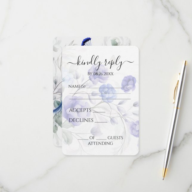 Cartons Réponse Créez votre propre aquarelle bleue Peacock & Flowe (Devant/Arrière en situation)