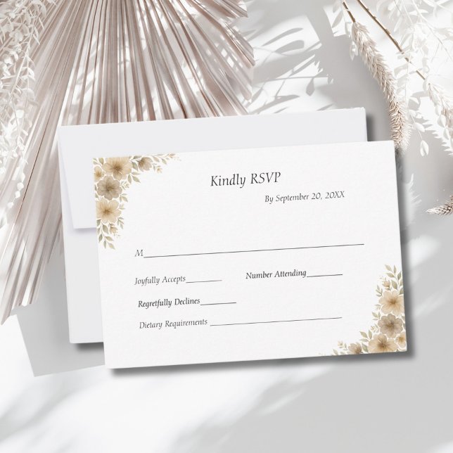 Cartons Réponse Crème beige Gris Floral traditionnel Mariage forme (Beige Cream Gray Neutral watercolor florals boho modern wedding RSVP card)