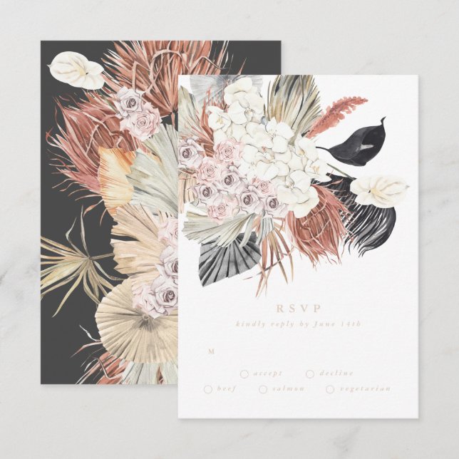 Cartons Réponse Creme Charcoal Pampas Grass Floral Jungle Mariage (Devant / Derrière)