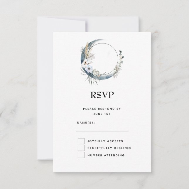 Cartons Réponse Crescent Bleu Lune avec Mariage Fleurs Blanches (Devant)