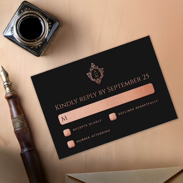 Cartons Réponse Crest Black Rose Rose Gold Monogramme Mariage (Créateur téléchargé)