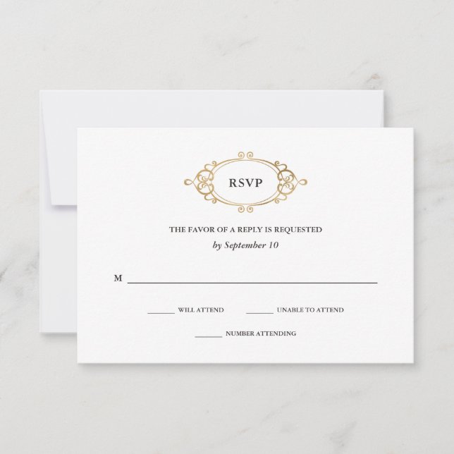 Cartons Réponse Crest doré | Élégant Mariage noir et blanc (Devant)
