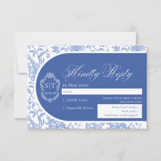Cartons Réponse Crest Monogram Delft Blue Floral Script (Devant)