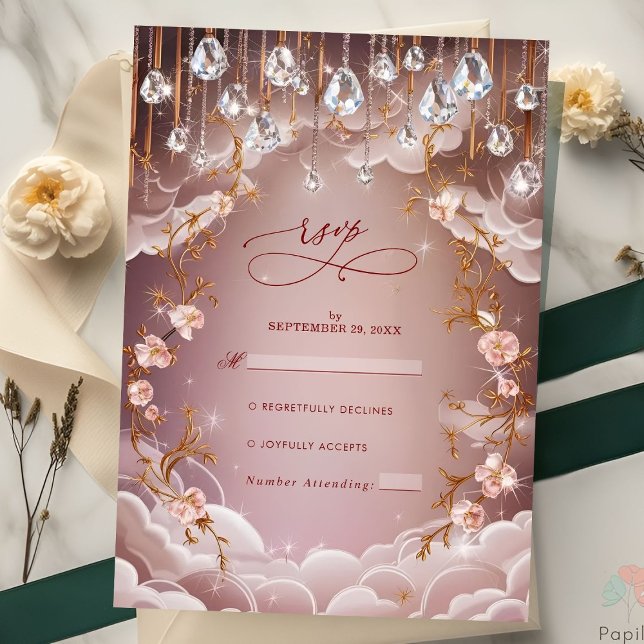 Cartons Réponse Cristal rose gouttes Mariage floral opulent (Créateur téléchargé)