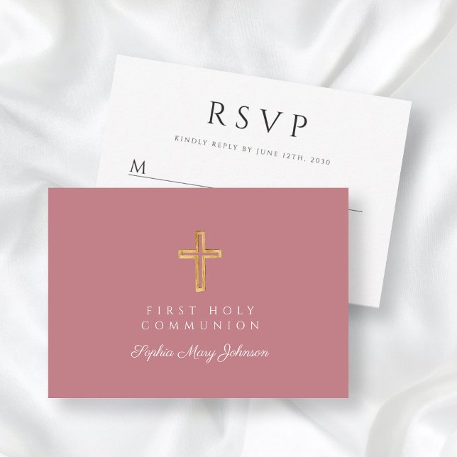 Cartons Réponse Croix religieuse Dusty Rose Girl First Communion (Religious Cross Dusty Pink Girl First Communion RSVP Card)