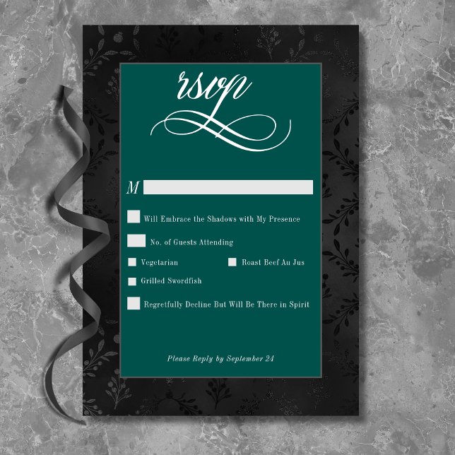 Cartons Réponse Dark Gothique Noir Floral Satin Damask Mariage Tur (Créateur téléchargé)