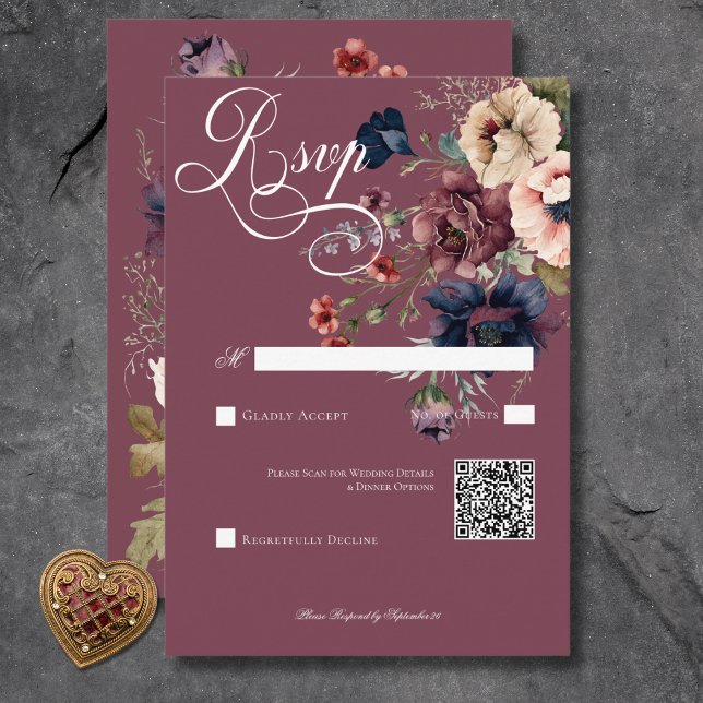 Cartons Réponse Dark Moody Bourgogne Oval Floral Frame QR Code (Dark Moody Burgundy Oval Floral Frame QR Code RSVP Card)