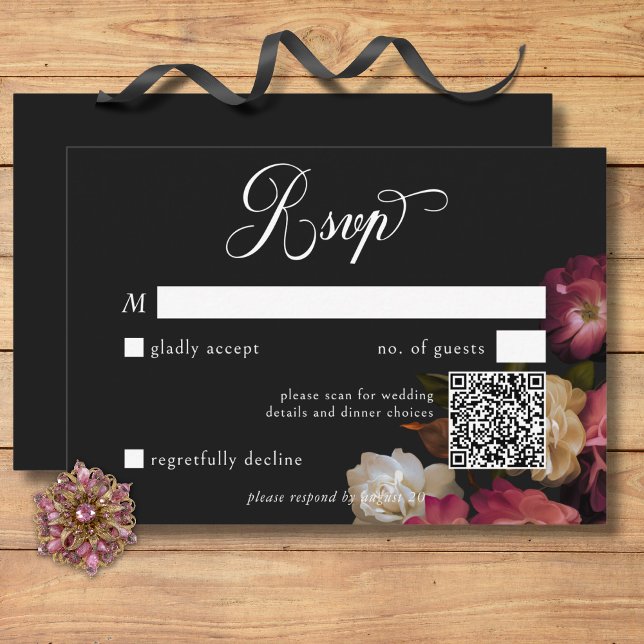Cartons Réponse Dark Moody Burgundy & Cream Peonies Black QR Code (Dark Moody Burgundy & Cream Peonies Black QR Code RSVP Card)