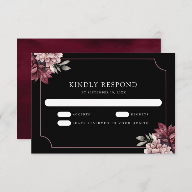 Cartons Réponse Dark Moody Floral Frame Black Wedding (Devant / Derrière)
