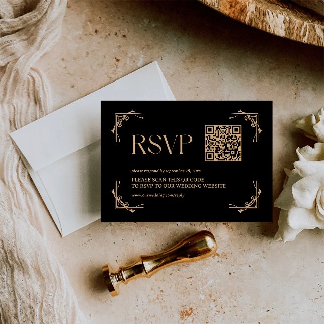Cartons Réponse Déco Moderne | Code QR de Mariage Noir et Or (Modern deco black and gold QR code RSVP card lets guests RSVP instantly with stylish ease)
