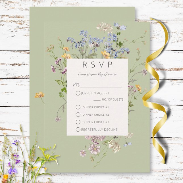 Cartons Réponse Délicat Boho Fleur sauvage Vert Trois Dîners (Delicate Boho Wildflowers Green Three Dinner RSVP Card)
