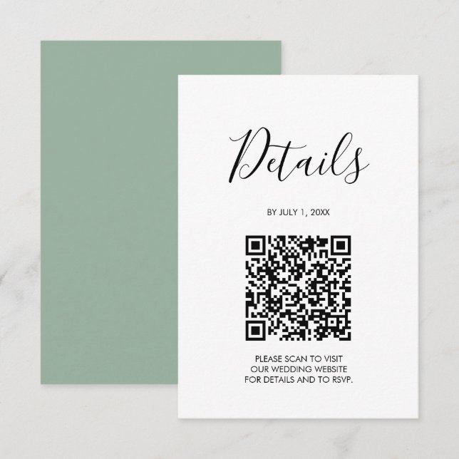 Cartons Réponse Détails du Mariage de code QR Sage Green (Devant / Derrière)