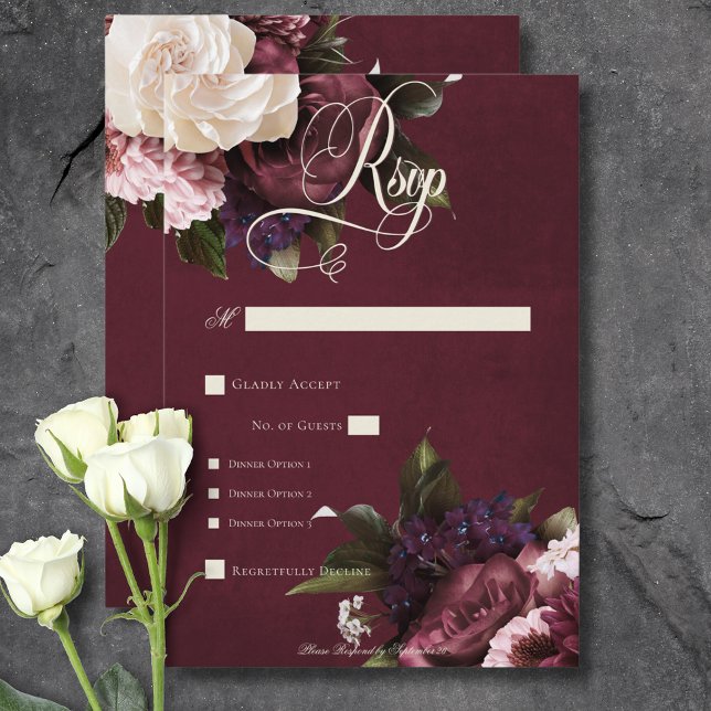 Cartons Réponse Dîner floral foncé et bordeaux et crème (Dark Elegant Burgundy & Cream Floral Dinner RSVP Card)