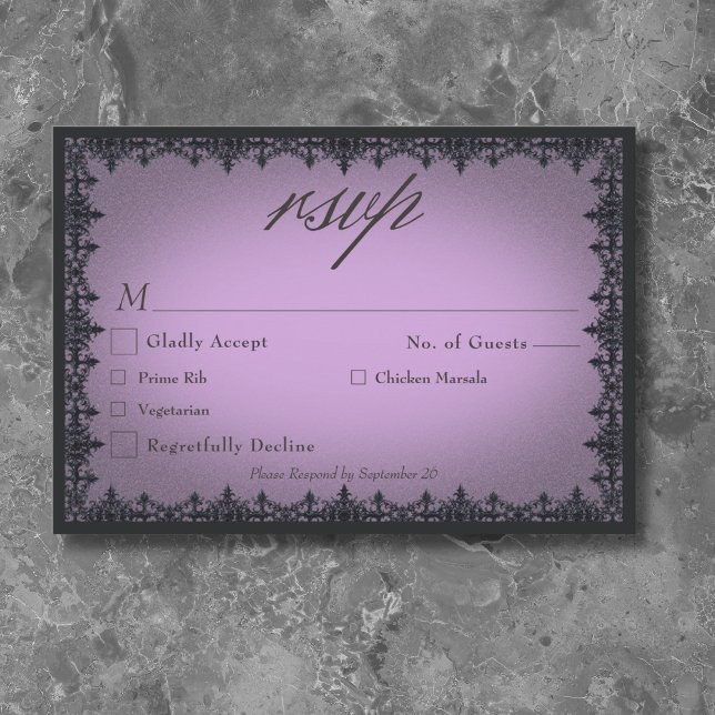 Cartons Réponse Dîner Mariage victorien gothique Bordure de Fer vi (Victorian Gothic Iron Border Purple Wedding Dinner RSVP Card)