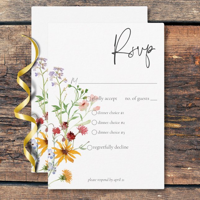 Cartons Réponse Dîner Rustique Fleurs sauvages d'été & Tournesols (Rustic Summer Wildflowers & Sunflowers Dinner RSVP Card)