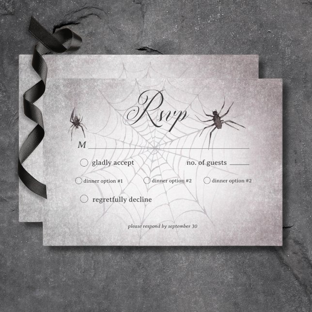Cartons Réponse Dîner rustique gothique noir et burgundy pour Hall (Rustic Gothic Black & Burgundy Halloween Wedding Response Card with Dinner Selection Options)