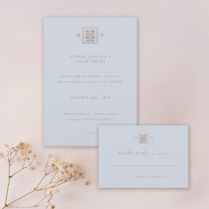 Cartons Réponse Double Bonheur Dusty Blue & Gold Mariage chinois