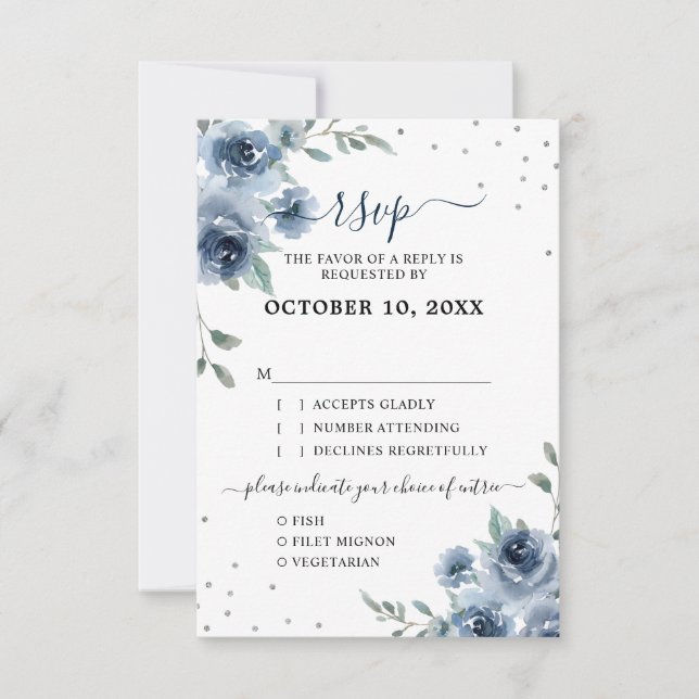 Cartons Réponse Dusty Blue Ardoise Floral Botanique Chic Mariage (Devant)