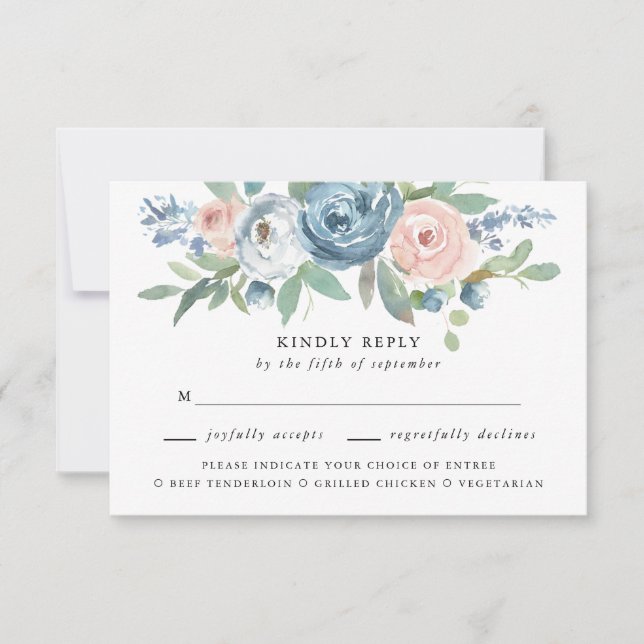 Cartons Réponse Dusty Blue & Blush Rose Mariage Choix de repas RSV (Devant)