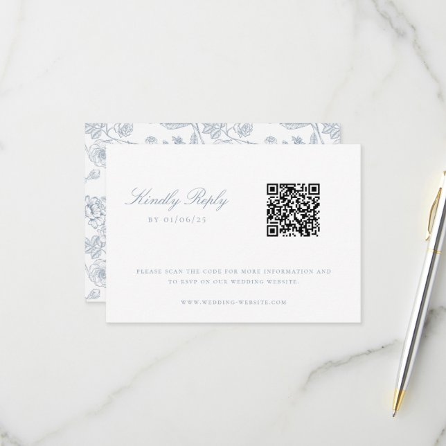 Cartons Réponse Dusty Blue Chinoiserie Floral Mariage QR Code (Devant/Arrière en situation)