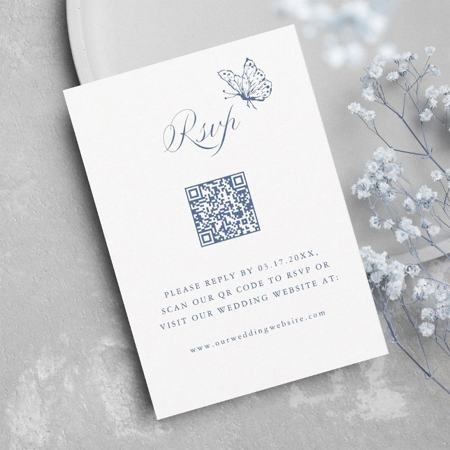 Cartons Réponse Dusty Blue Elegant Calligraphy Wedding QR Code (Créateur téléchargé)
