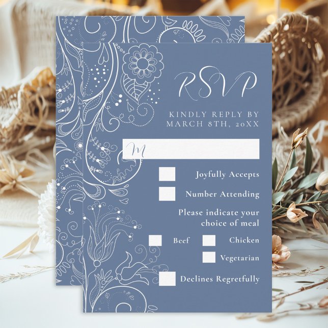Cartons Réponse Dusty Blue élégant Floral Mariage choix de repas (Créateur téléchargé)
