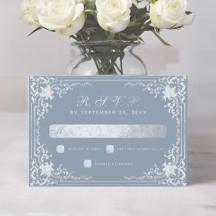 Cartons Réponse Dusty Blue Elegant Vintage Faux Mariage argent