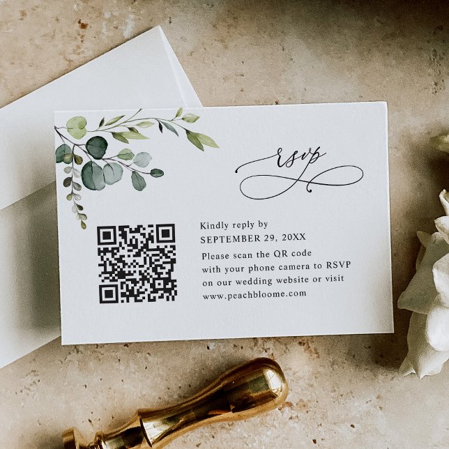 Cartons Réponse Dusty Blue Eucalyptus Mariage QR Code (Créateur téléchargé)
