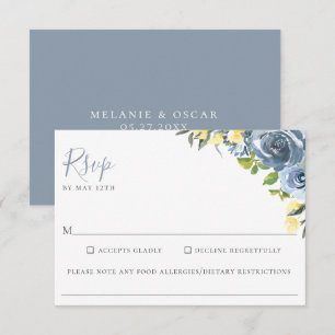 Cartons Réponse Dusty Blue Jaune Floral Mariage Allergie alimentai