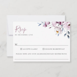 Cartons Réponse Dusty Blue Mauve Floral Mariage Allergie alimentai
