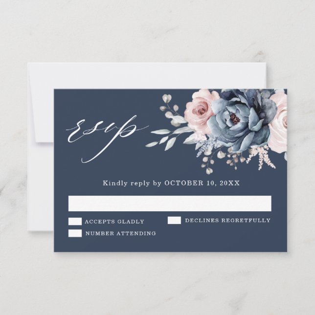 Cartons Réponse Dusty Blue Mauve Rose rose ardoise Mariage Floral  (Devant)