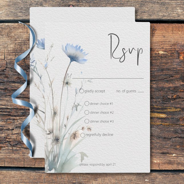 Cartons Réponse Dusty Blue Meadow Fleurs sauvages Moderne Trois Dî (Dusty Blue Meadow Wildflowers Modern Dinner RSVP Card)