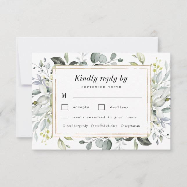 Cartons Réponse Dusty Blue Meal Choice Gold Élégant Mariage floral (Devant)