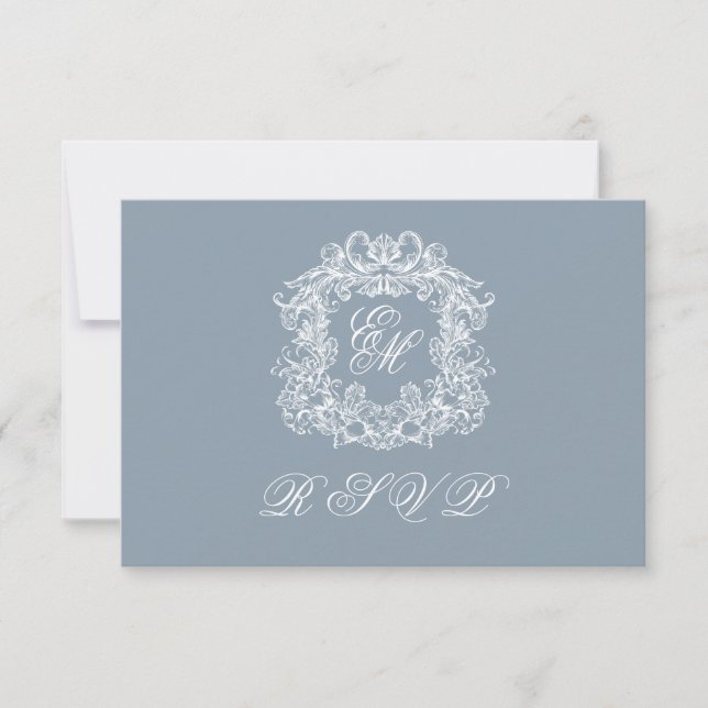 Cartons Réponse Dusty Blue Monogram Crest Elegant Wedding (Devant)