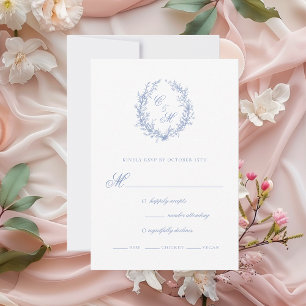 Cartons Réponse Dusty Blue Monogram Mariage de couronne botanique