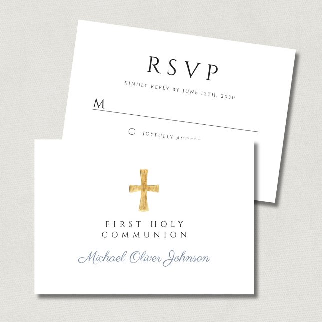 Cartons Réponse Dusty Blue Religious Cross Boy First Communion (Dusty Blue Religious Cross Boy First Communion RSVP Card)