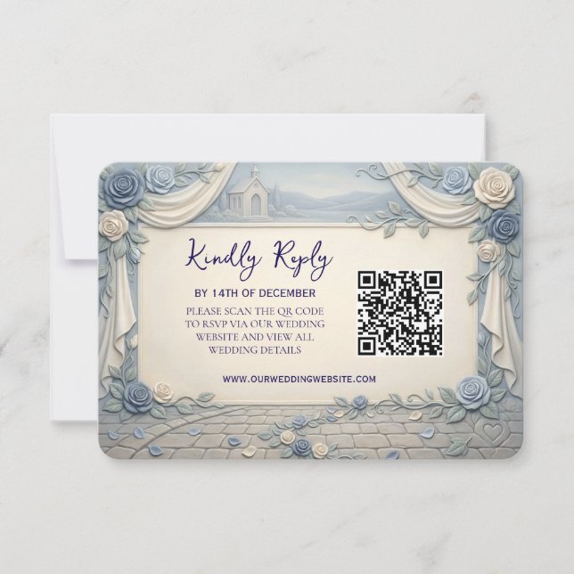 Cartons Réponse Dusty Blue Rose QR Code Wedding  (Devant)