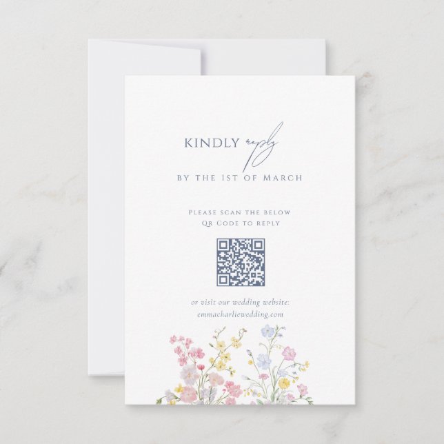 Cartons Réponse Dusty blue Script Floral Wildflower QR Code (Devant)