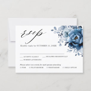 Cartons Réponse Dusty Blue Slate Navy Floral Botanal Mariage RSV