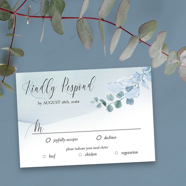 Cartons Réponse Dusty Eucalyptus Élégante Options de repas Mariage (RSVP Card with editable response date and meal options)